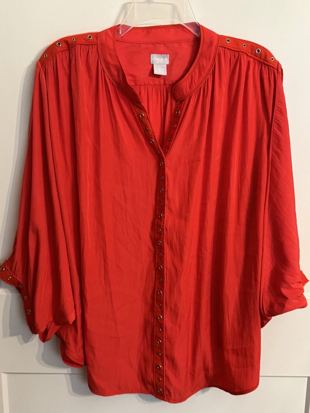Chico's Tunic Blouse Sz 3 Red Studded V Neck Dolman 3/4 Sleeve Top Lagenlook